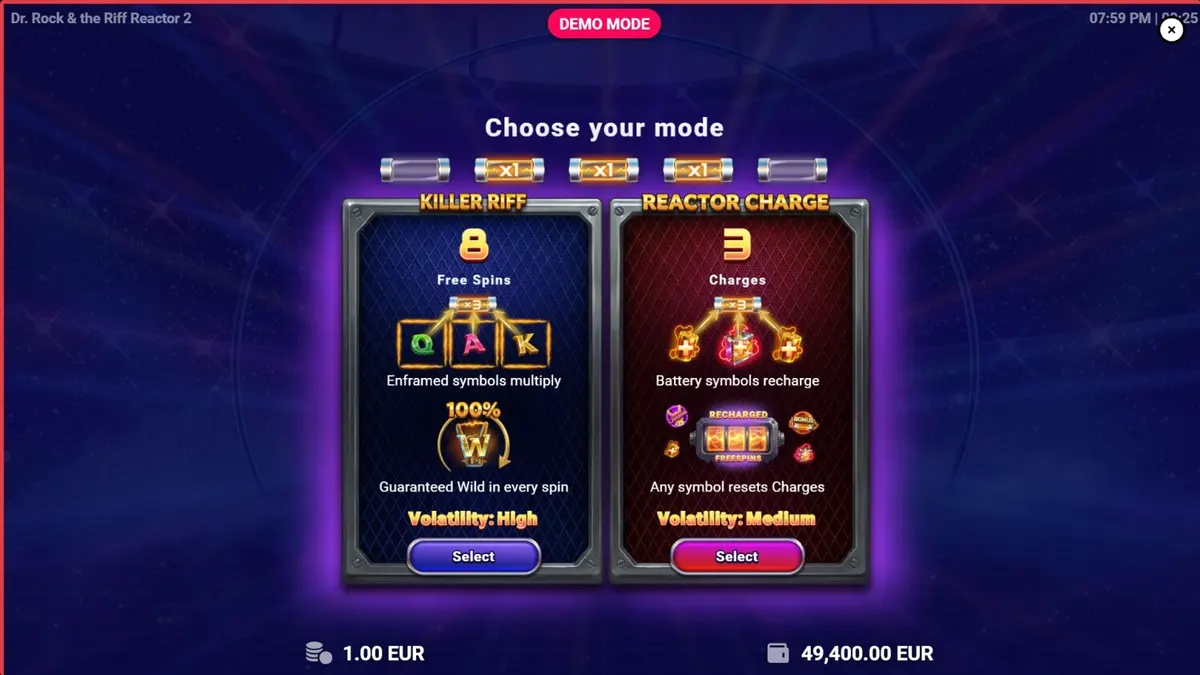 Dr. Rock & the Riff Reactor 2 slot game screen featuring neon rock concert theme
