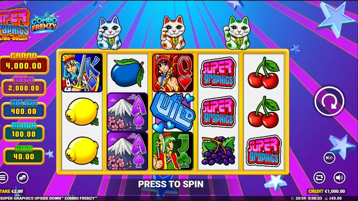 Tampilan visual slot Super Graphics Upside Down dengan tema Lucky Cats dan gaya anime.